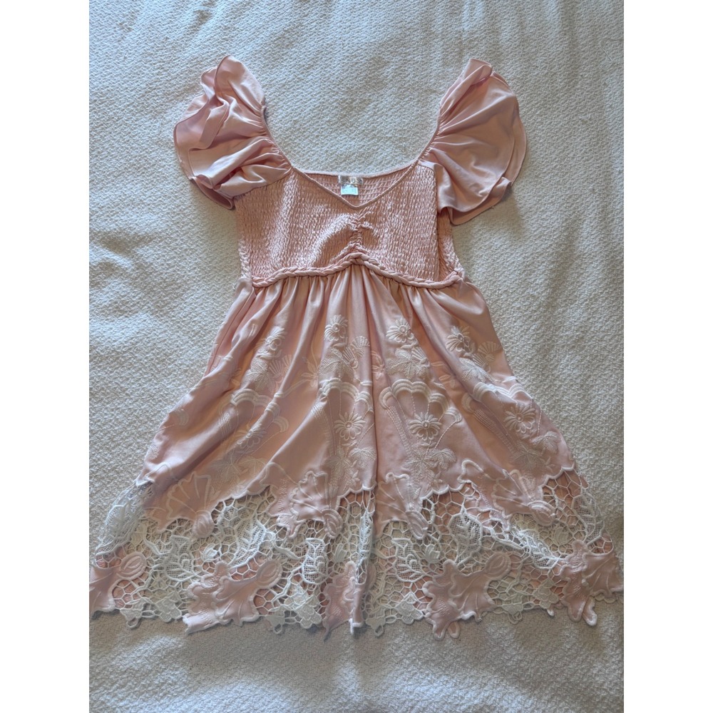 Venus Pink Smocked Mini Dress Floral Embroidery Lace Hem Ruffle Sleeve Medium
